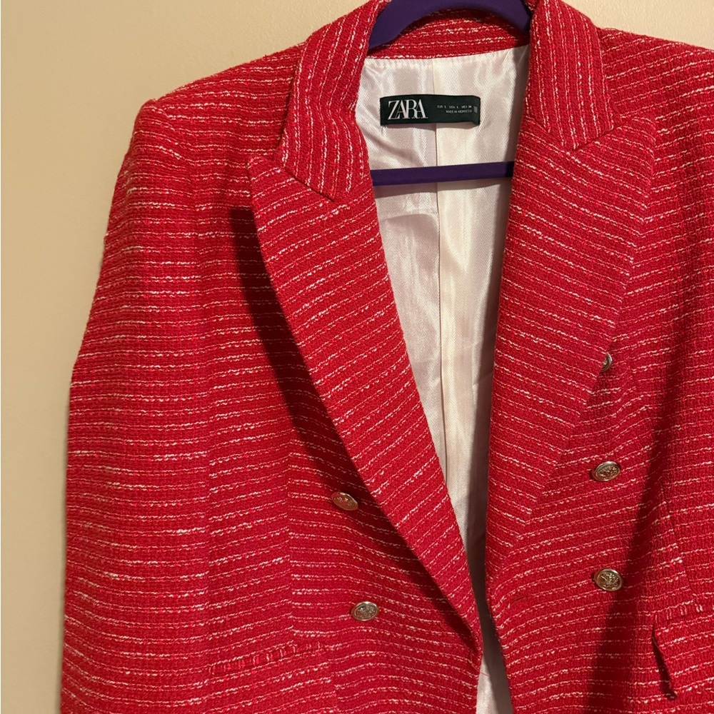 Zara Red Tweed Double-Breasted Bouclé Blazer - Picture 6 of 10